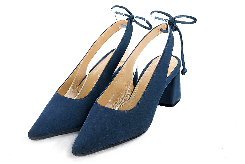 Navy blue women's slingback shoes. Pointed toe. Medium flare heels. Front view - Florence KOOIJMAN